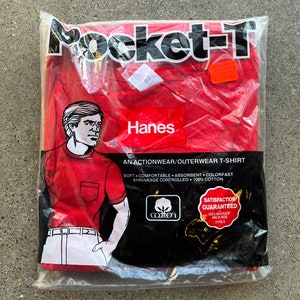 Medium, 1980s Deadstock Red Pocket T-Shirt, Hanes, Cotton - E