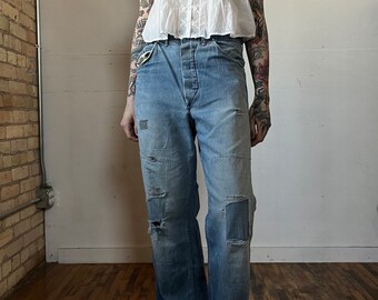 32" Waist, 1940s Button Fly Carpenter Jeans, Patchwork, Workwear, L