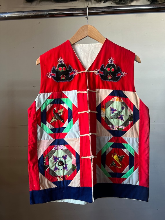 Vintage Red Quilted Folk Art Vest, 1980s 1970s - F - image 1