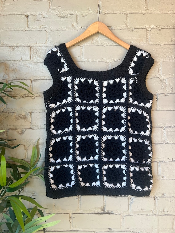 M L, 1970s Crochet Square Knit Vest, Black White - image 2