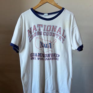 Med, Vintage 1970s National Cross Country Ringer T-shirt, Champion Blue Bar, Wisconsin, B