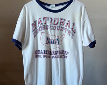 Medium 70s Champion Blue Bar Ringer 100% Cotton T Shirt Jefferson