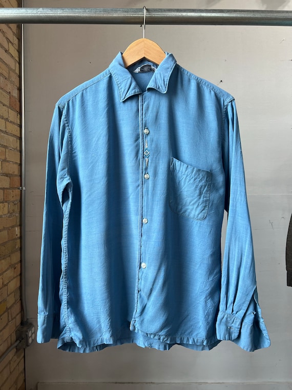 Med, 1950s Blue Penneys Towncraft Loop Collar Shir