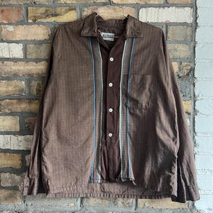 Medium , Vintage 1950s Brown Loop Collar Shirt, Blue, Cotton