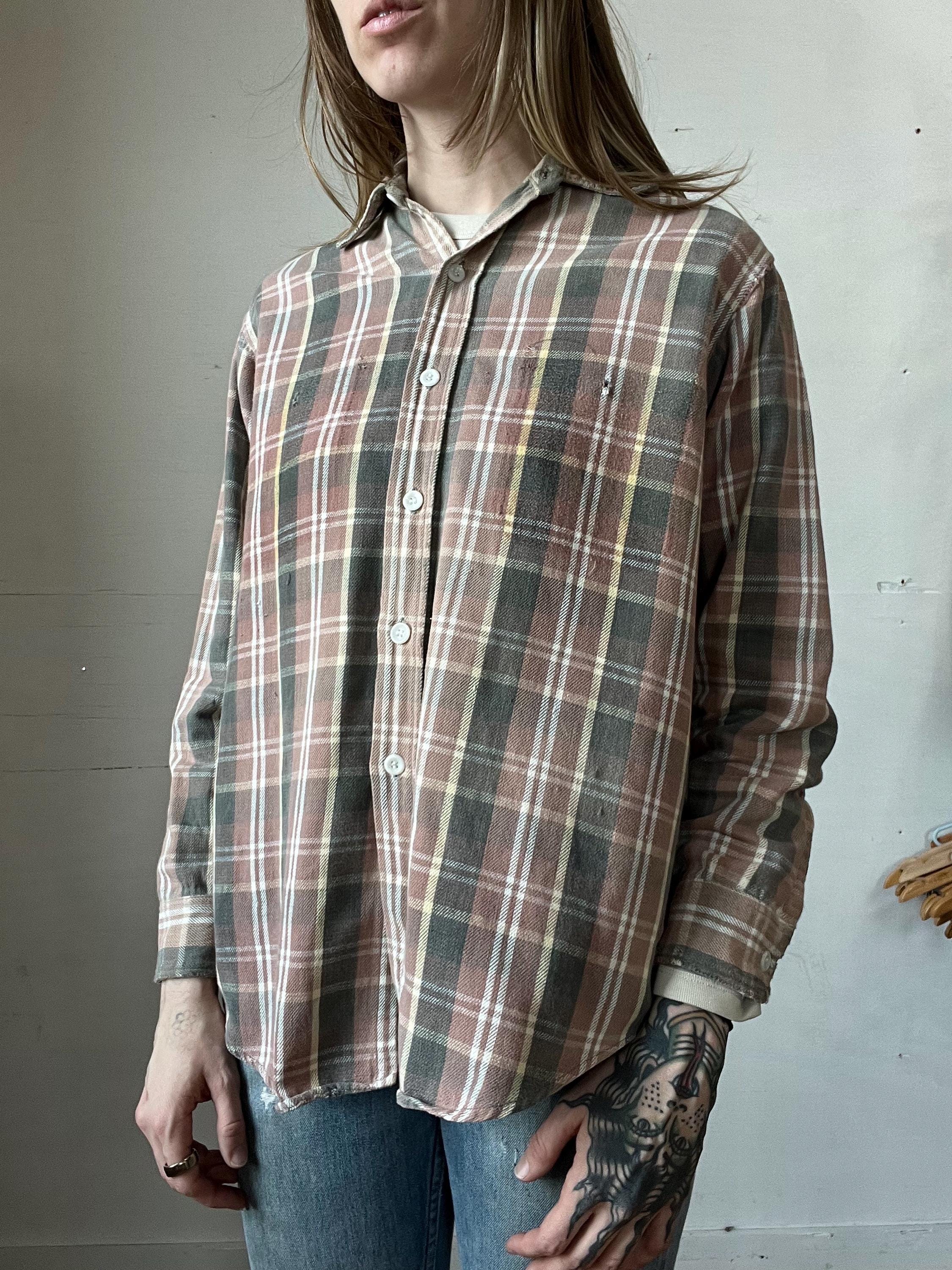 L, Vintage 1940s 1950s Thick Cotton Flannel Shirt, Workwear