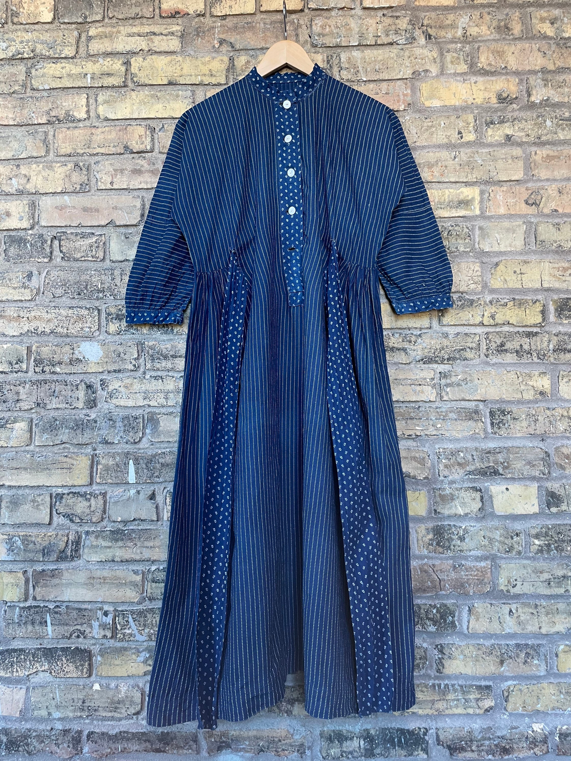 RARE / Antique Stifel Calico Dress / Wabash Stripe / Indigo RARE / Antique Stifel Calico Dress / Wabash Stripe / Indigo