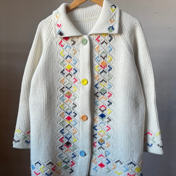 1970s Embroidered Cardigan Sweater, Collar, Vintage Knit, Buttons