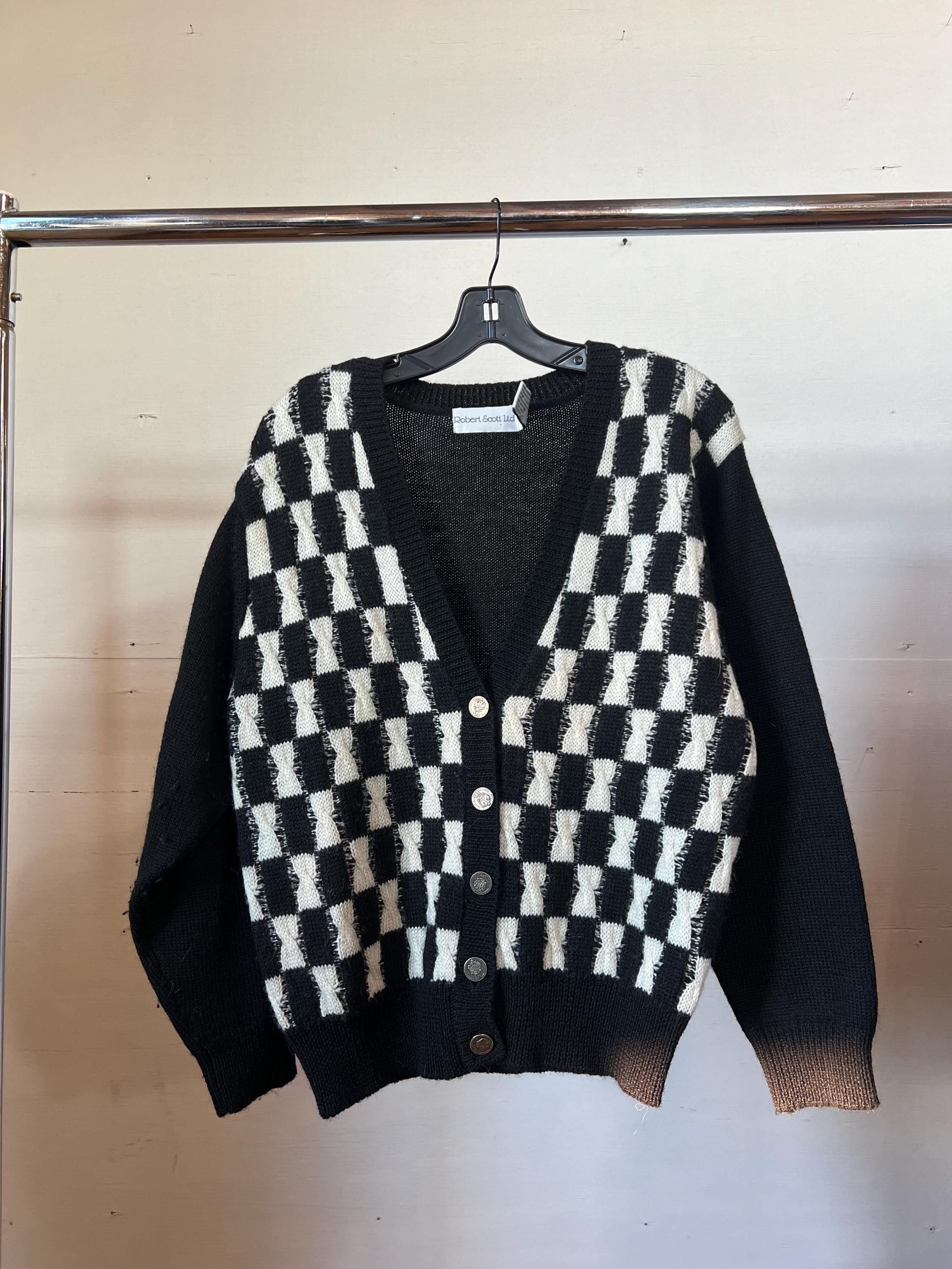 Women's Checkerboard Knit Cardigan - Black White Drop Shoulder Button Front Sweater With Pockets