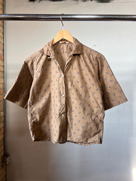 Sm, 1950s Brown Patterned Cotton Blouse, Womens Vi