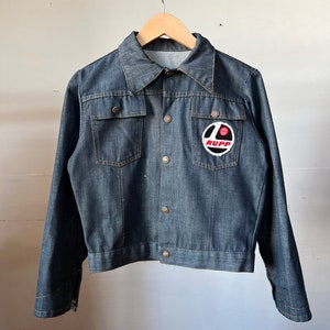 Jaqueta jeans pequena dos anos 1970, remendos, RUPP