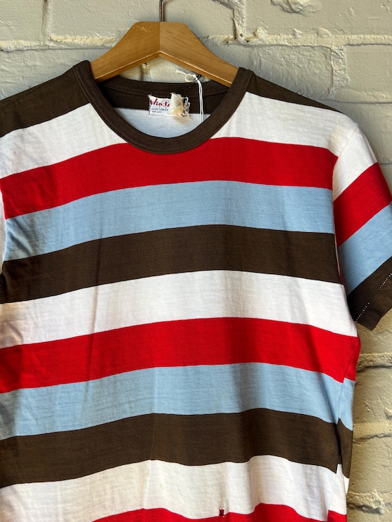 Small, 1950s Striped Cotton T-shirt, Surf, Red Brown Blue