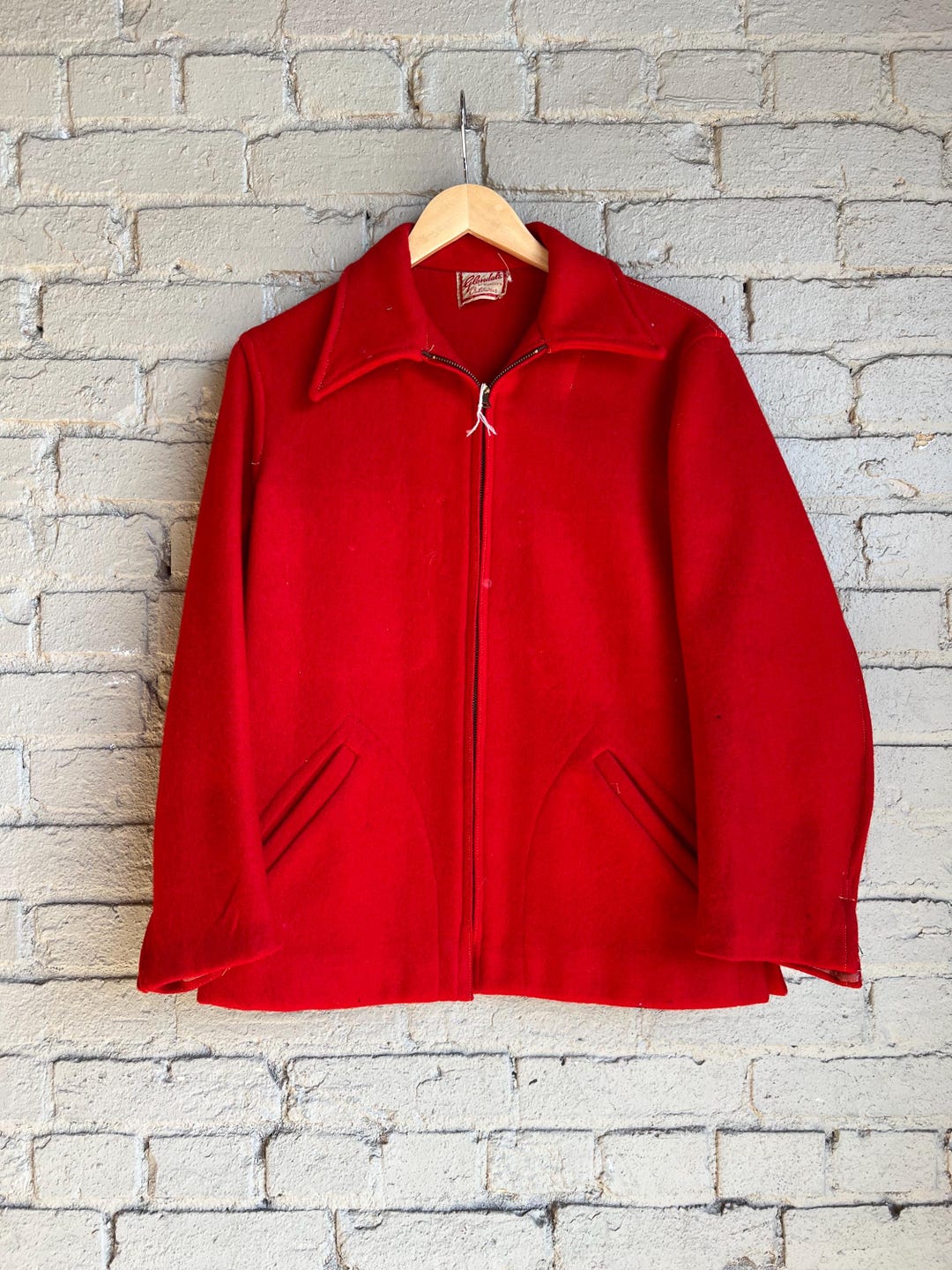 Small, Vintage 1940s Red Full Zip Wool Jacket, Belted Back