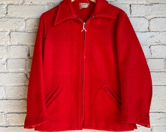 Small, Vintage 1940s Red Full Zip Wool Jacket, Belted Back