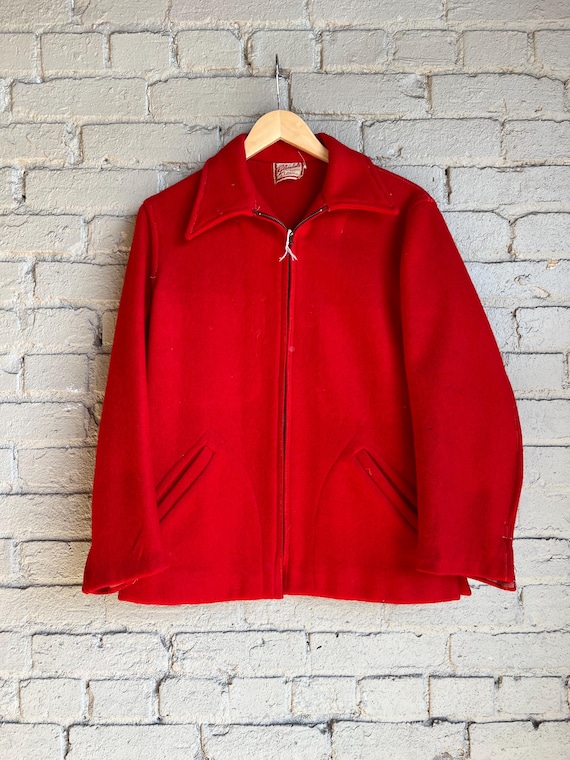 Small, Vintage 1940s Red Full Zip Wool Jacket, Belted Back