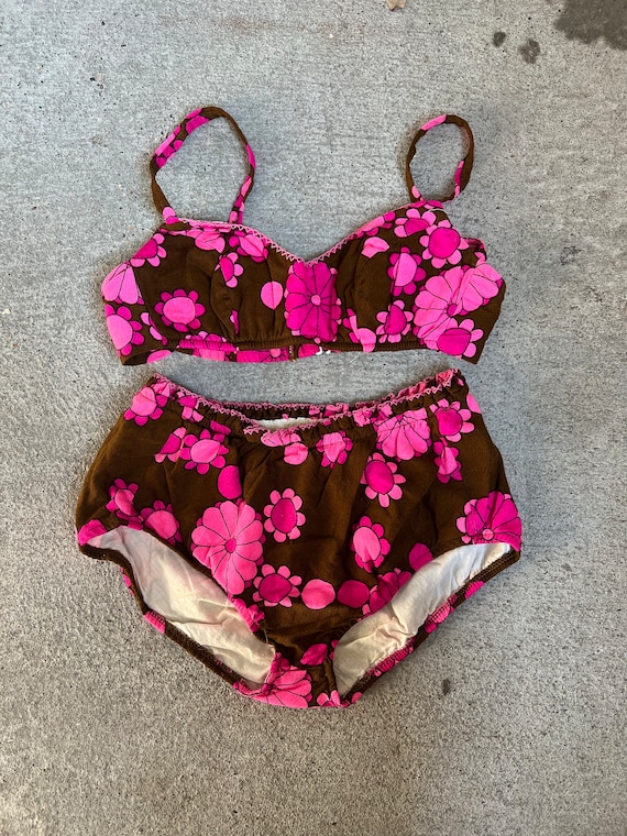 Small, 1970s Pink and Brown Floral 2 Piece Swim S… - image 1