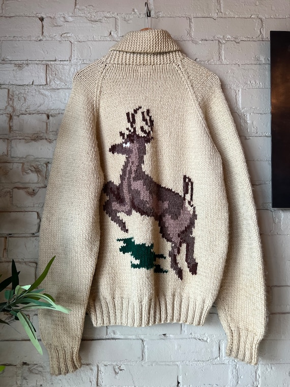 M, 1970s Cream Deer Cowichan Zip Up Sweater, Pocke