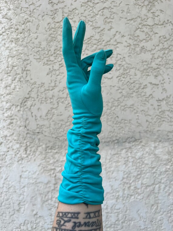 1970s Ruched Turquoise Evening Gloves, Formal Glo… - image 3
