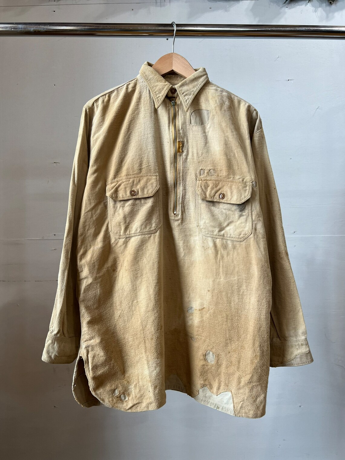 XL, 1930s Khaki Moleskin Chinstrap Work Shirt, JcPenny image 1