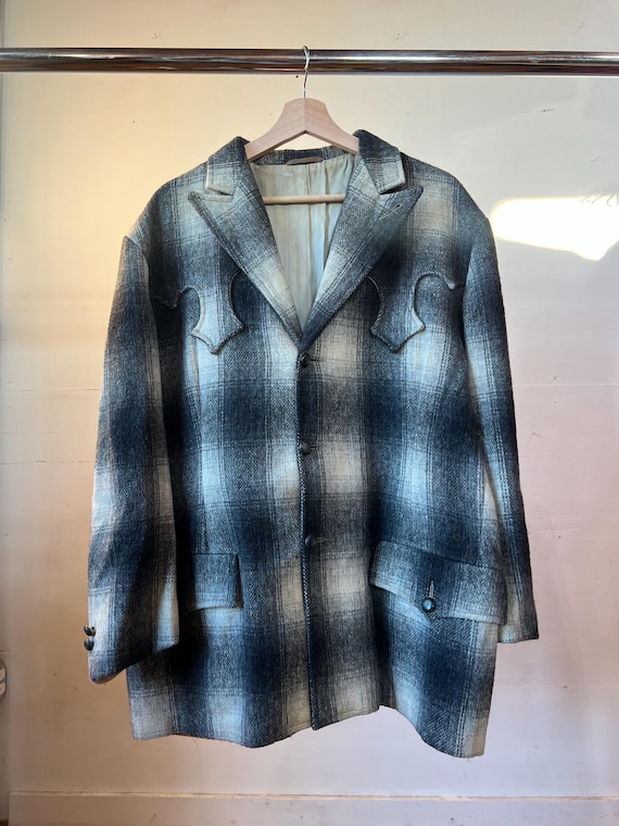 Large, Vintage 1960s Black and White Shadow Plaid Western Jacket
