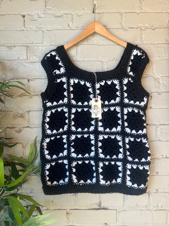 M L, 1970s Crochet Square Knit Vest, Black White - image 1