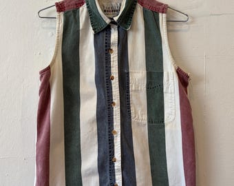 Vintage 90's Carolina One Pocket Cotton Striped Pattern White Vest Medium