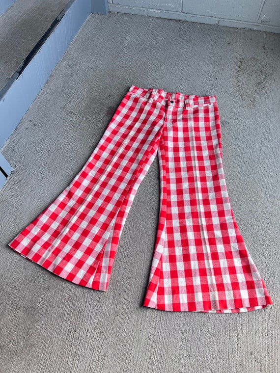 33” Waist, 1970s Red Gingham Check Flare Pants, Lo