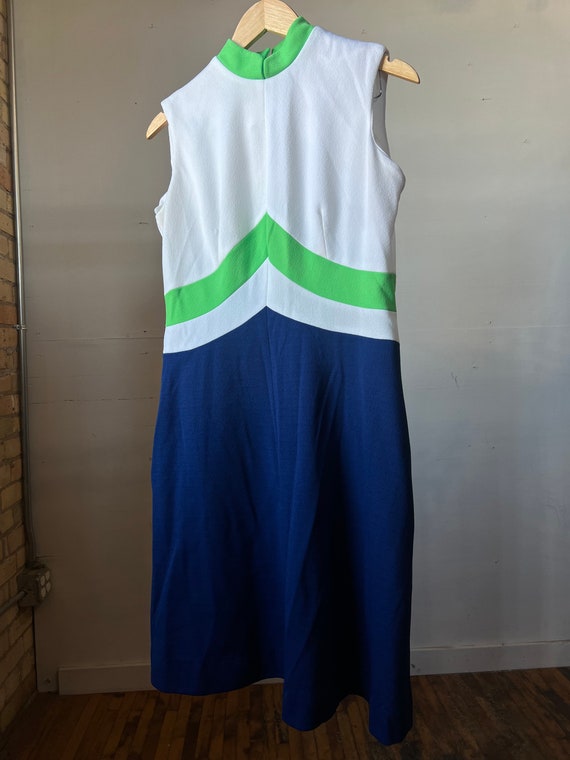 1970s Polyester Green White Blue Dress, Sleeveless