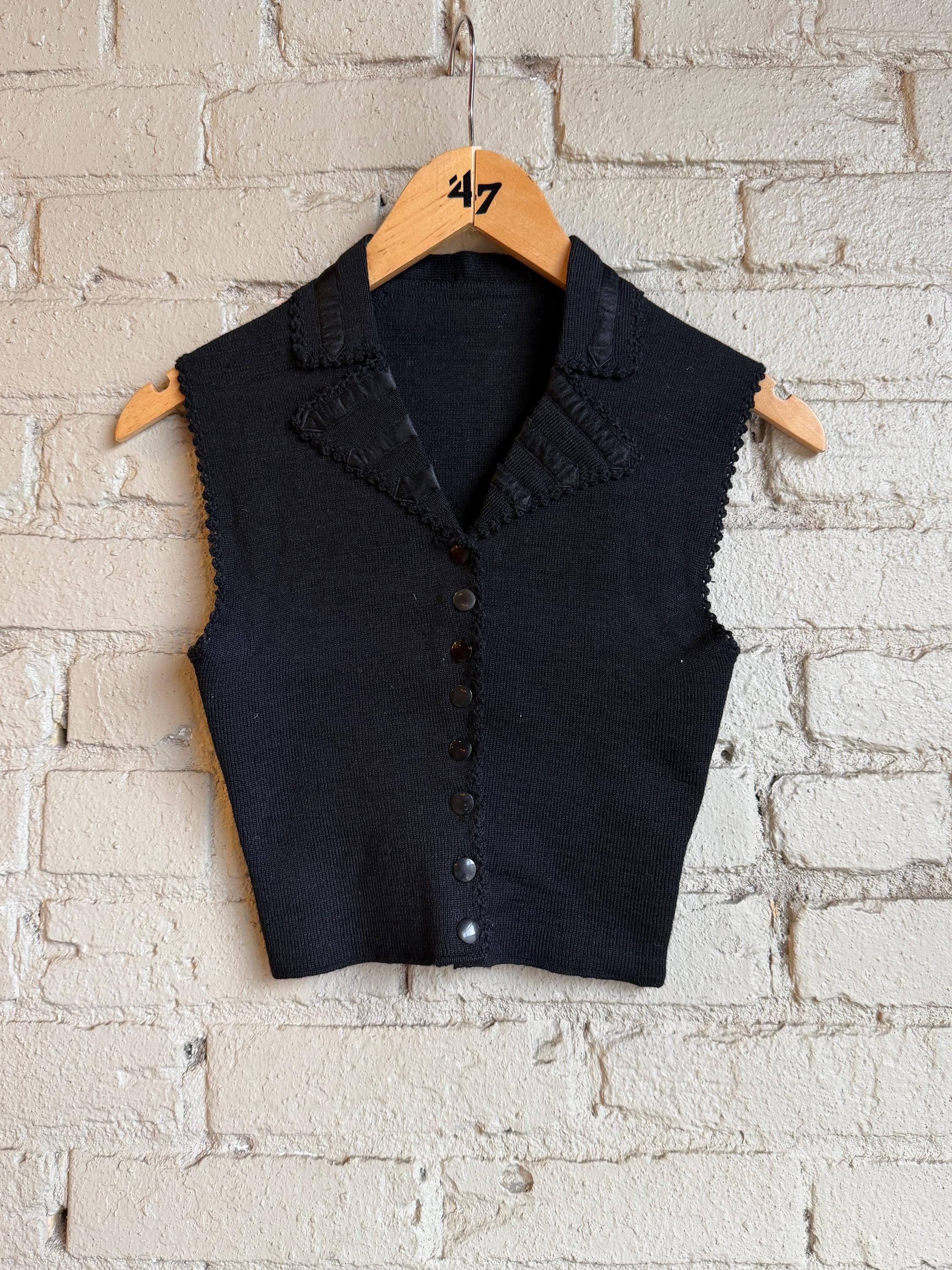 レディース ヴィンテージ 1930年代 ブラック ニットベスト、襟付き、XS