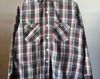 Med, 1950s Big Mac Cotton Thrashed Flannel, Grey Red - D