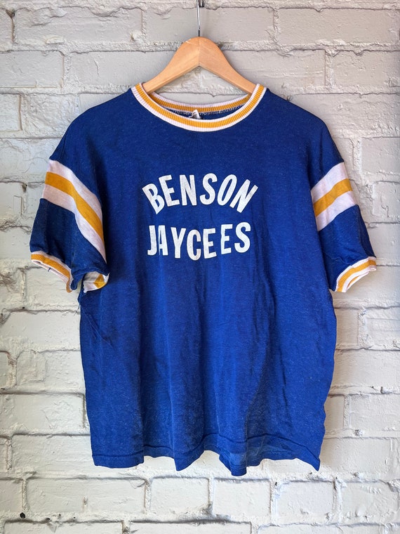 M L, 1950s 1960s Russell Jersey T-Shirt, Blue Gold - image 1