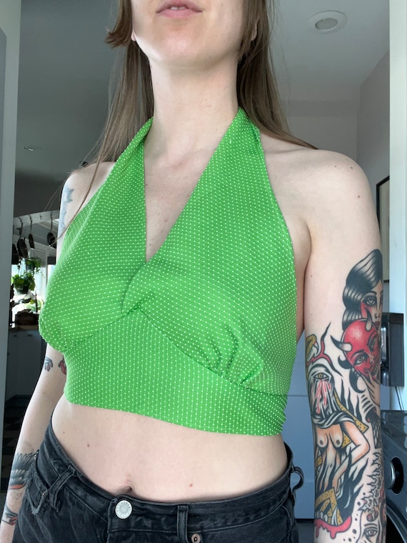 1970s Green Tie Halter Top Polka Dot, Summer - J - image 1