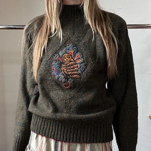 Med, Vintage 1980s 1990s Deadstock Herman Geist Owl Sweater, Hand Embroidered, S2
