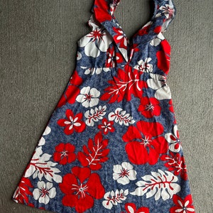 1970s Tunic Tank Top, Floral, Red Blue, Hawaii Summer - I