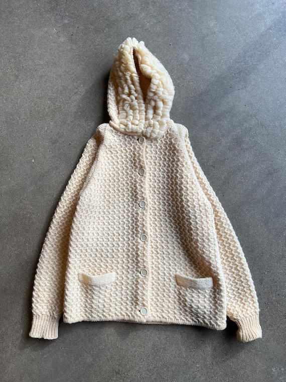 Med, 1950s Shetland Wool Cream Hooded Cardigan Sw… - image 2