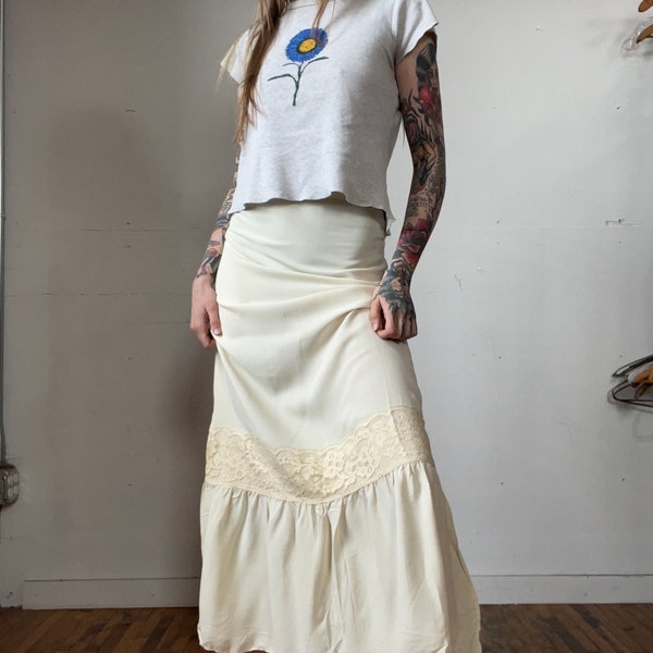 XS Sm, 1970s Boho Skirt Cream and Lace, Hippie, Ivory - M