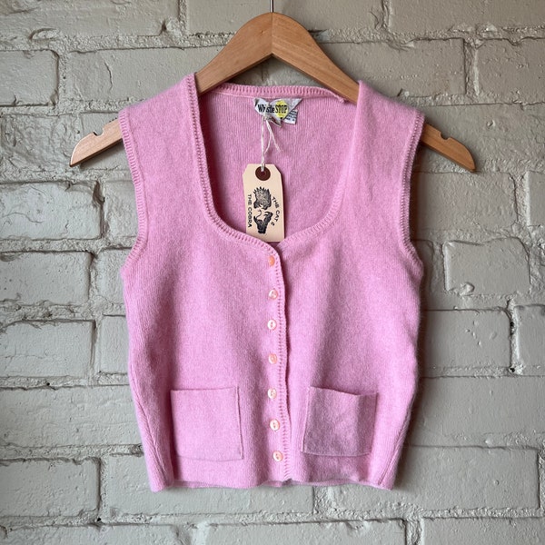 Small, 1970s Angora Pink Cardigan Tank Top, Vintage