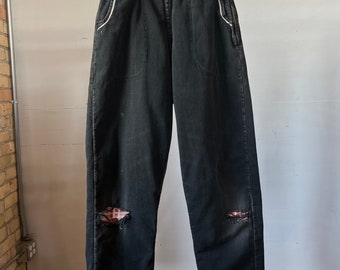 24" Waist, 1950s Black Flannel Lined Side Zip Jeans, Workwear - L