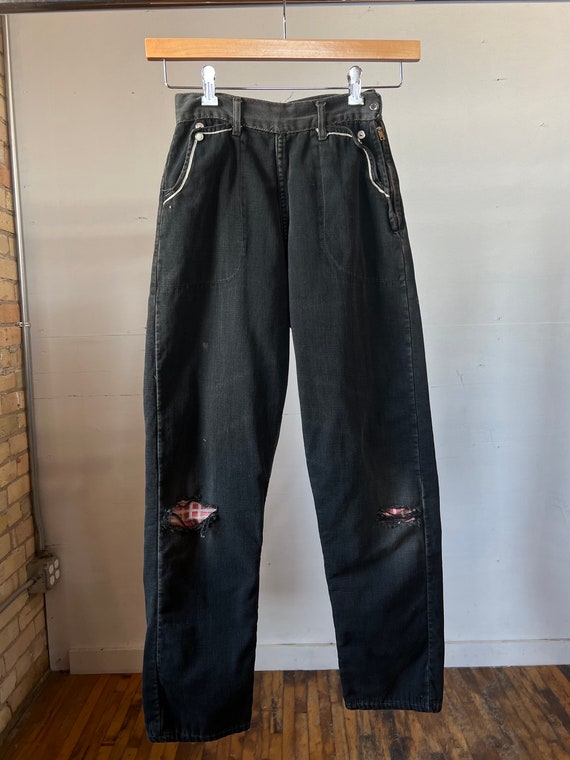 24" Waist, 1950s Black Flannel Lined Side Zip Jean