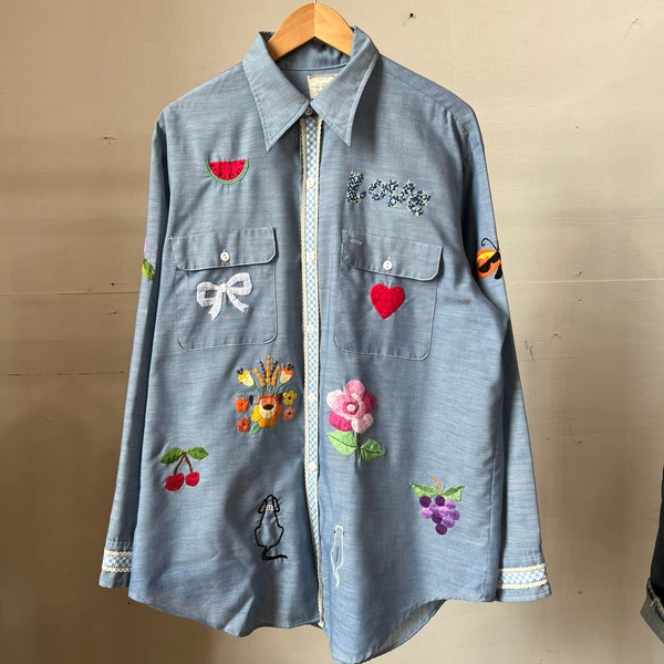 L XL, 1970s Embroidered Picture Chambray, Montgomery Wards