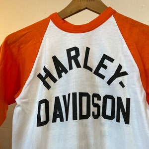 XS Sm, 1980s Harley Davidson Baseball T-shirt, Orange, White - E