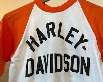 XS Sm, 1980s Harley Davidson Baseball T-shirt, Orange, White - E