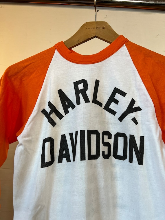 XS Sm, 1980s Harley Davidson Baseball T-shirt, Orange, White - E