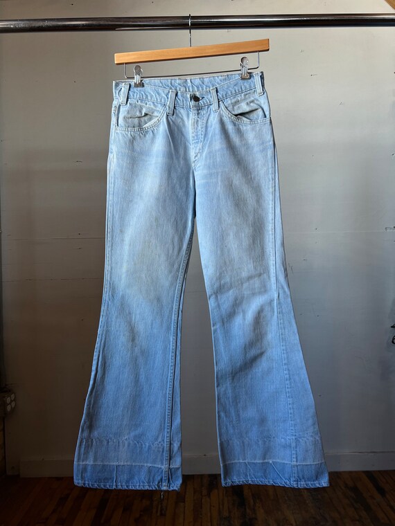 1980'S Levi's 10517-4327 Orange Tab Flare Pants, Made in USA, Men's, Size 34, Lightweight, Vintage polyester navy blue type Vintage Second Hand
