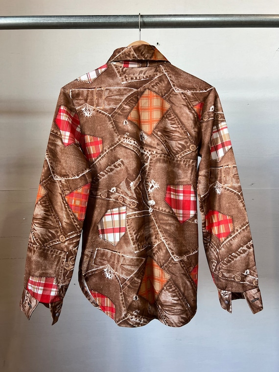 Med, 1970s Patchwork Polyester Shirt, Scarecrow -… - image 3