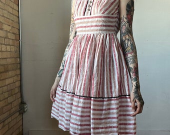 Small, 1950s Sleeveless Dress, Red White Stripe, As Is - M