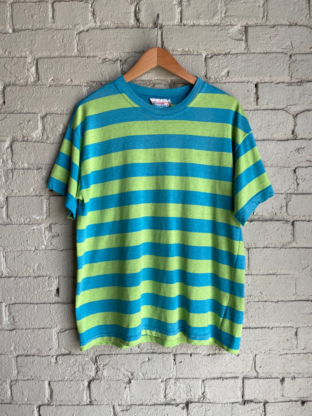 Med Large / 1990s Striped T-shirt / Blue / Green - Etsy