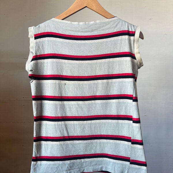 SM M, 1950s Striped Cotton Boat Neck Tank Top, Red Black, As Is - E