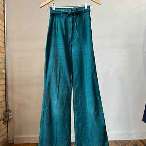 24 Waist, 1970s Green Corduroy Flare Pants, Wide Leg A image 1
