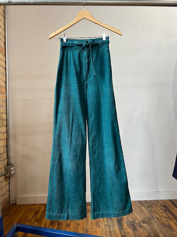 24" Waist, 1970s Green Corduroy Flare Pants, Wide… - image 1