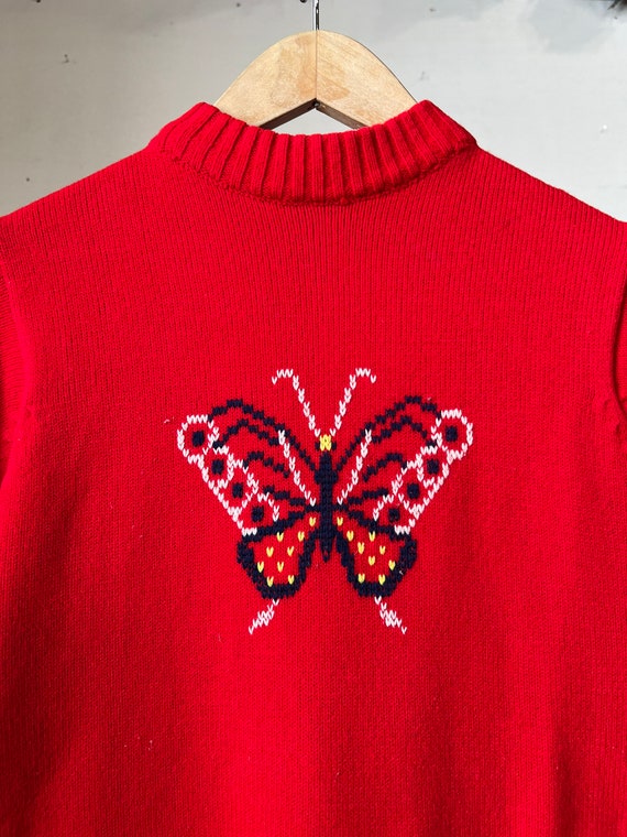 Sm Med, 1970s Butterfly Short Sleeve Sweater, Red,